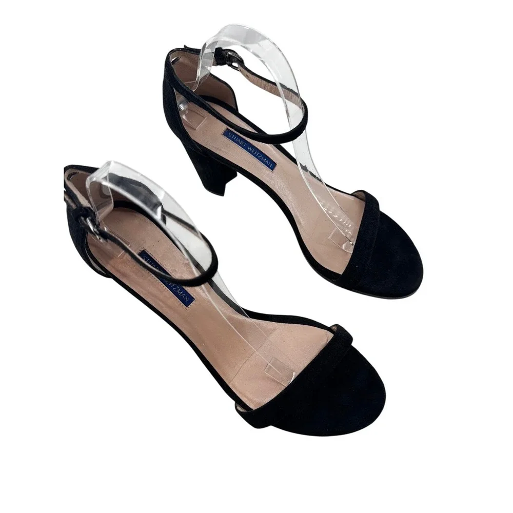 Stuart Weitzman NearlyNude Black Suede Block Heel 80MM Ankle Strap Sandals 11